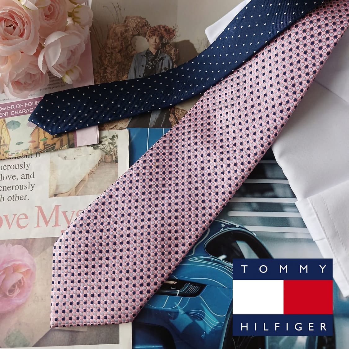 타미힐피거 실크 핑크&네이비 체크 넥타이 8.6cm A+등급 A18815 상품이미지1