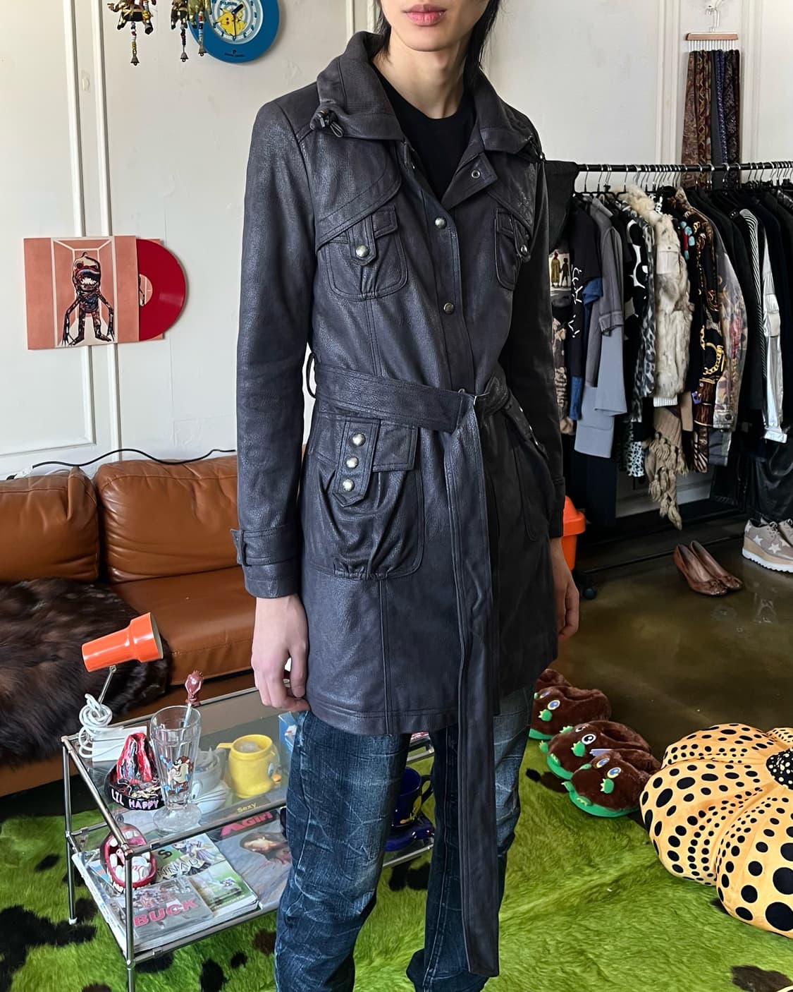 Vintage Gothic Faux Leather Belted Coat 상품이미지2