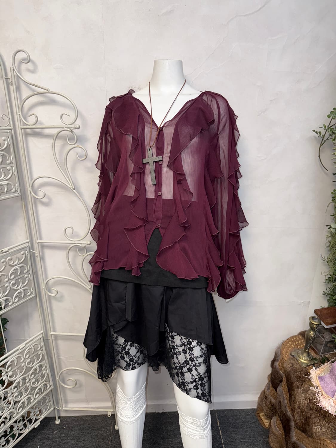 Burgundy fairy ruffle chiffon blouse 상품이미지1