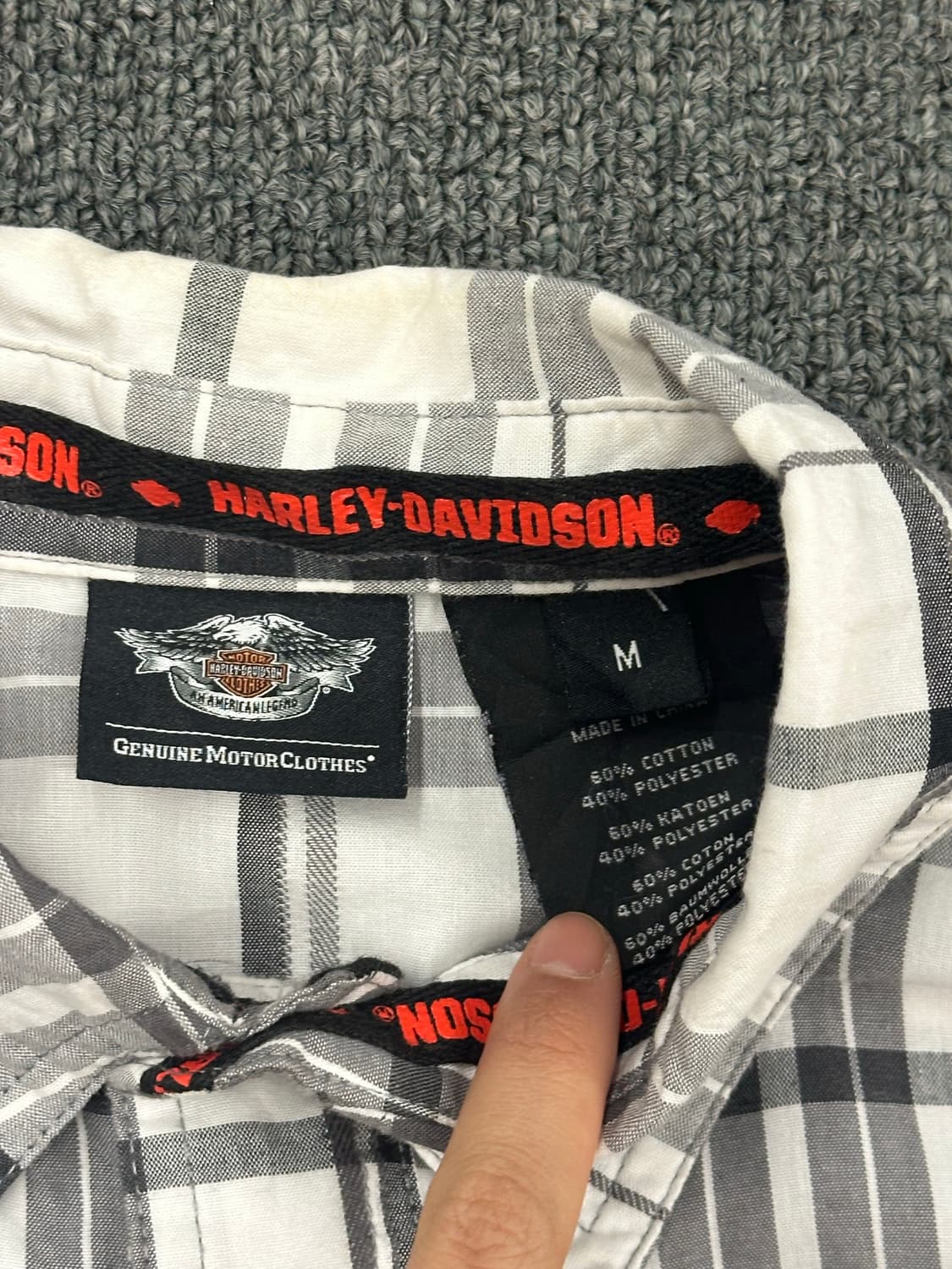 M)할리데이비슨 vintage 체크 백 자수 로고 반팔셔츠 상품이미지3