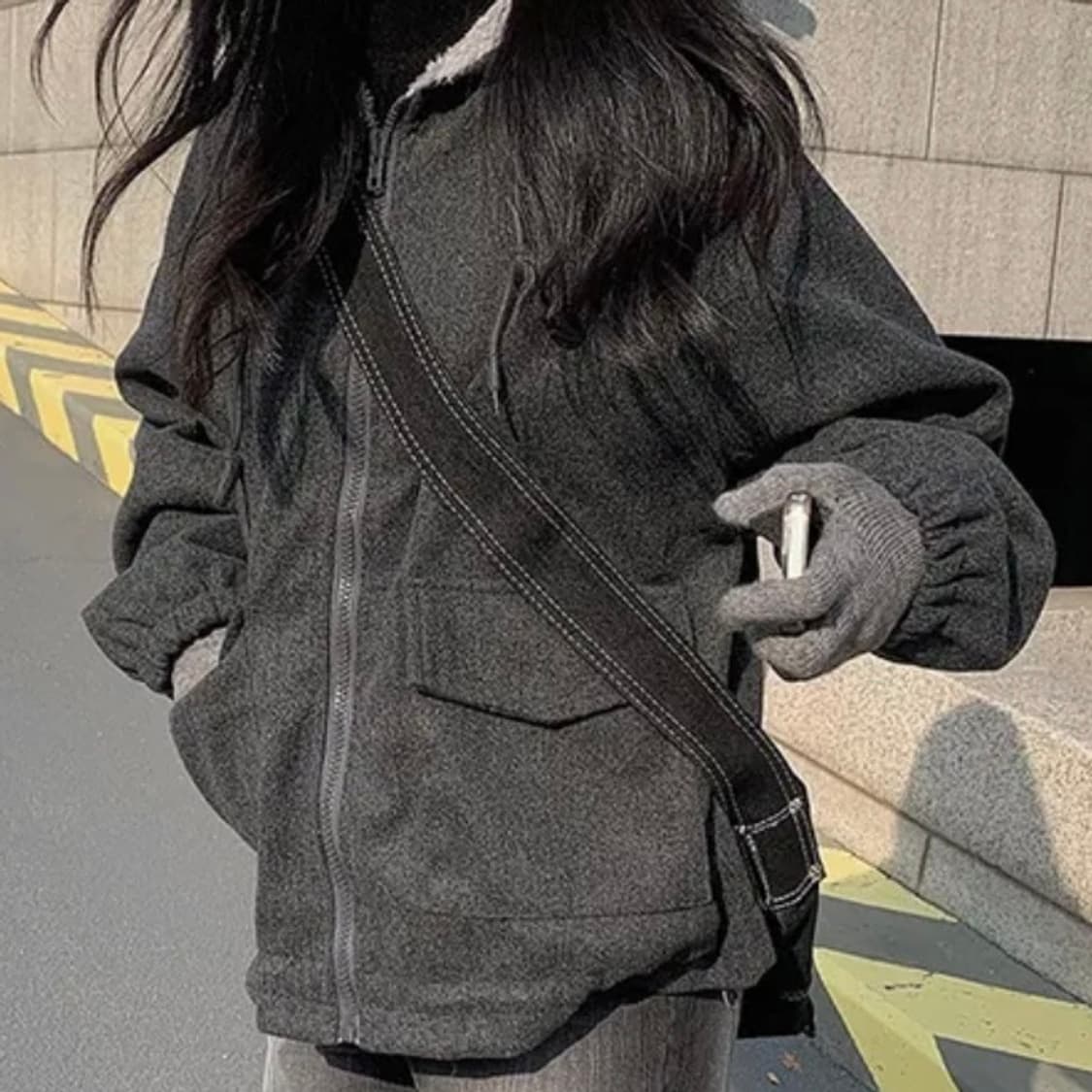 웨스 안감 양털 후드 점퍼 자켓 차콜그레이 상품이미지2