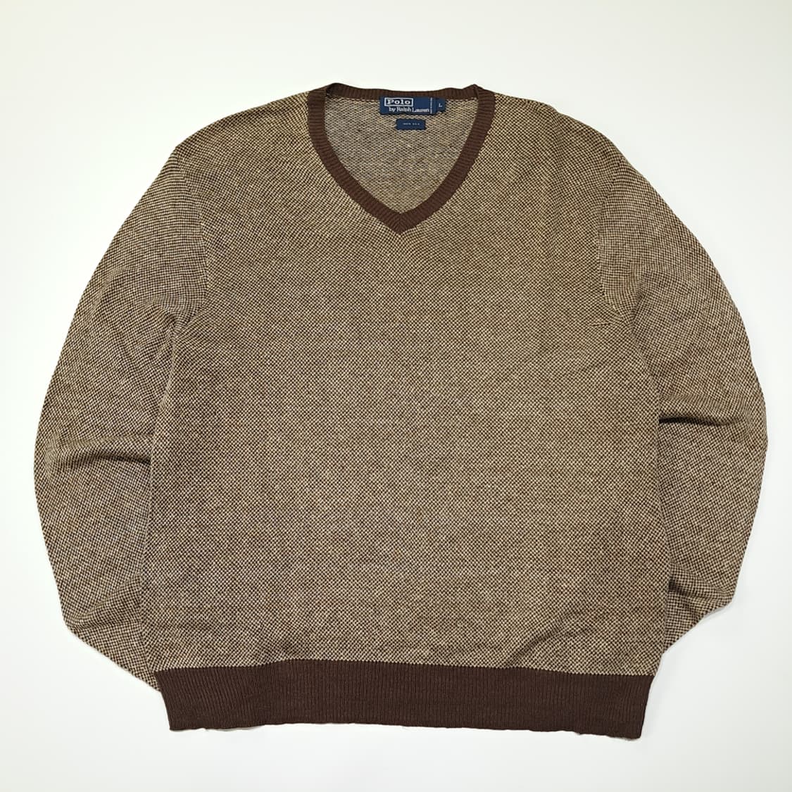 CL096 L 폴로 랄프로렌 100% 실크 브라운 버드아이 V넥 니트 상품이미지1