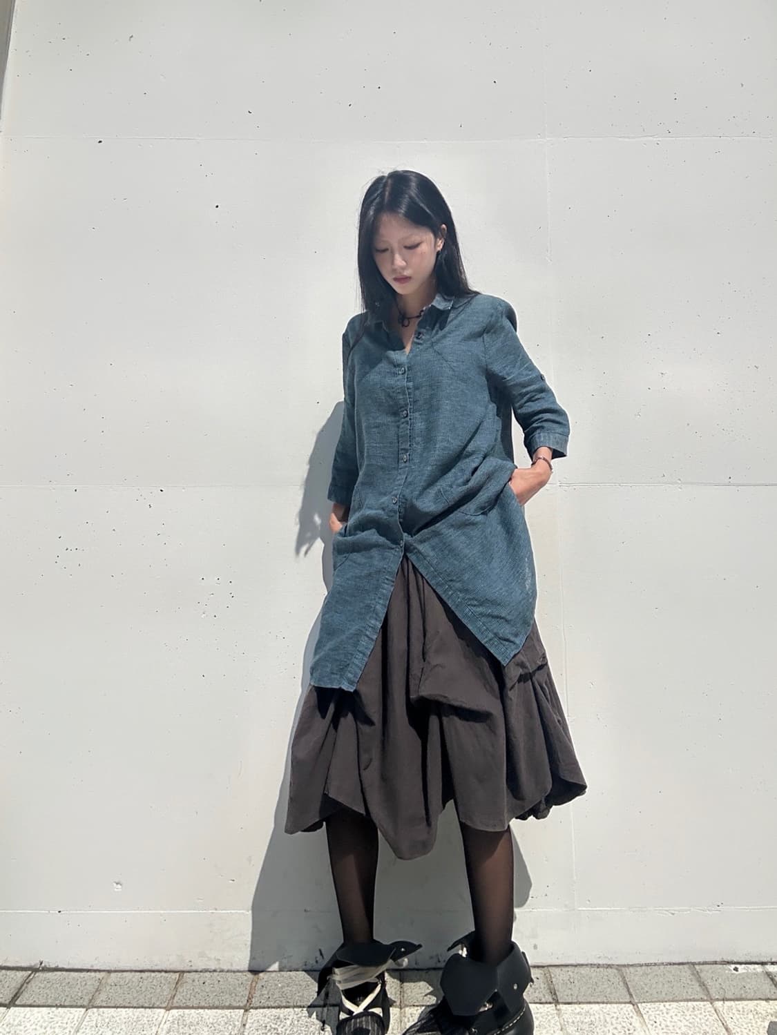 Check drop long shirt / teal 상품이미지4