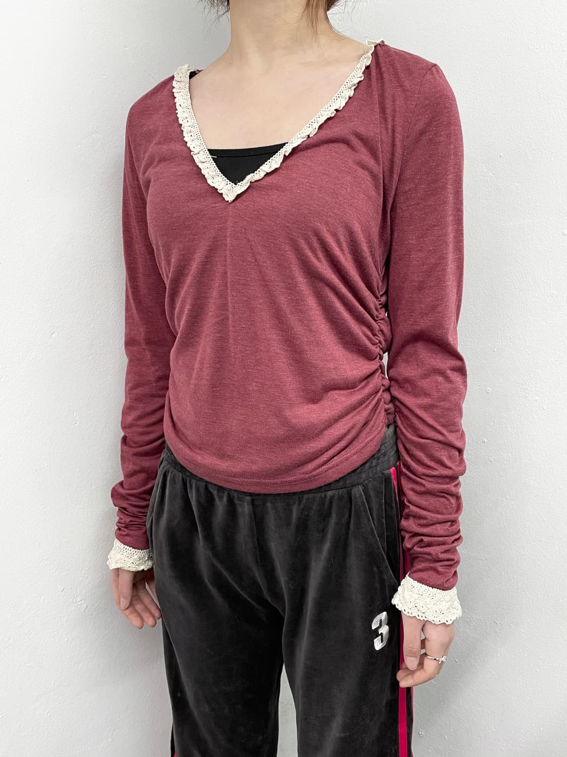 레이스 셔링 브이넥 슬리브 상품이미지4