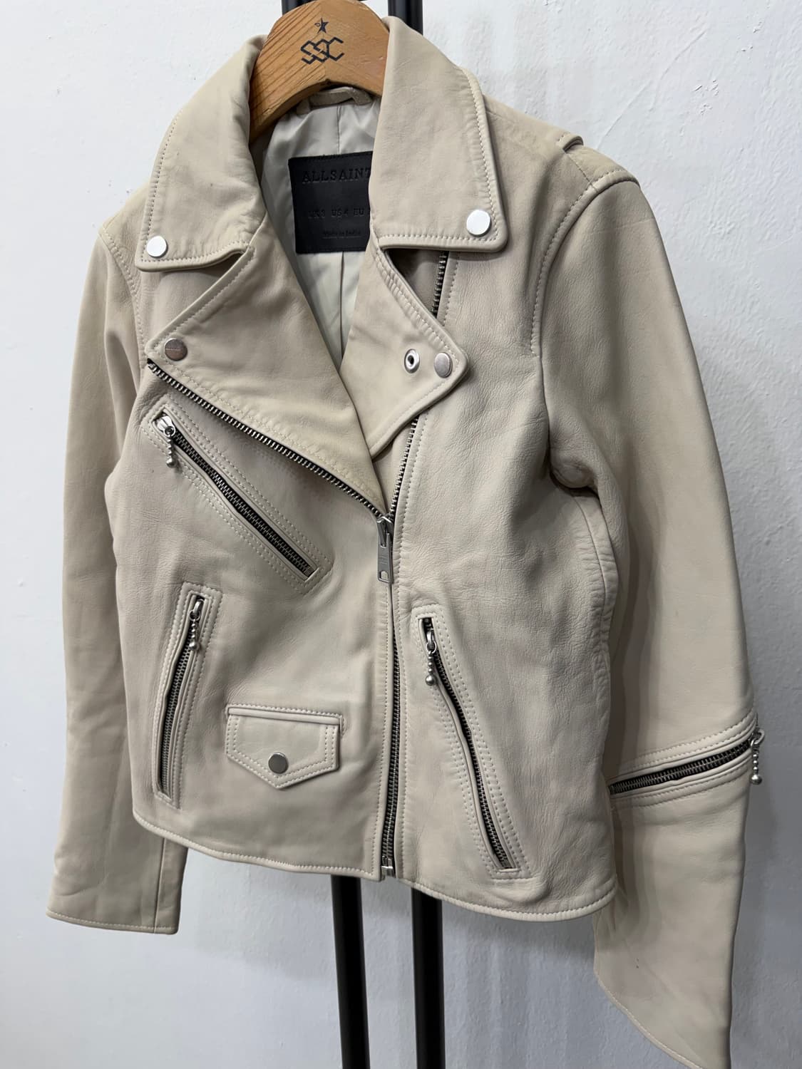 정품) 올세인츠 여성 아이보리 레더 라이더 자켓 36 상품이미지3