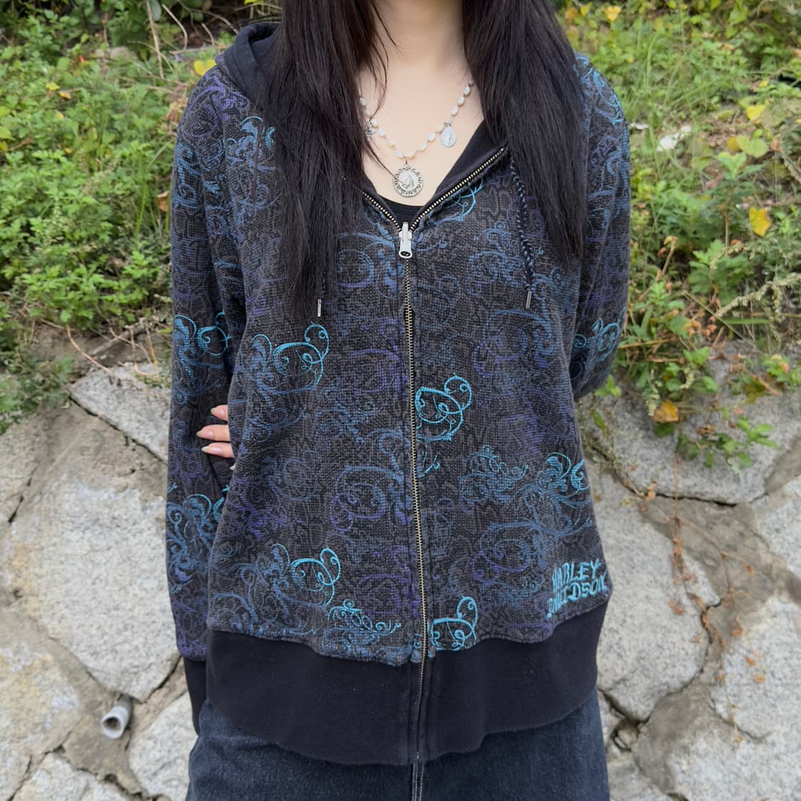 2011 투웨이 리버시블 할리데이비슨 해골 나비 후드 집업 상품이미지9