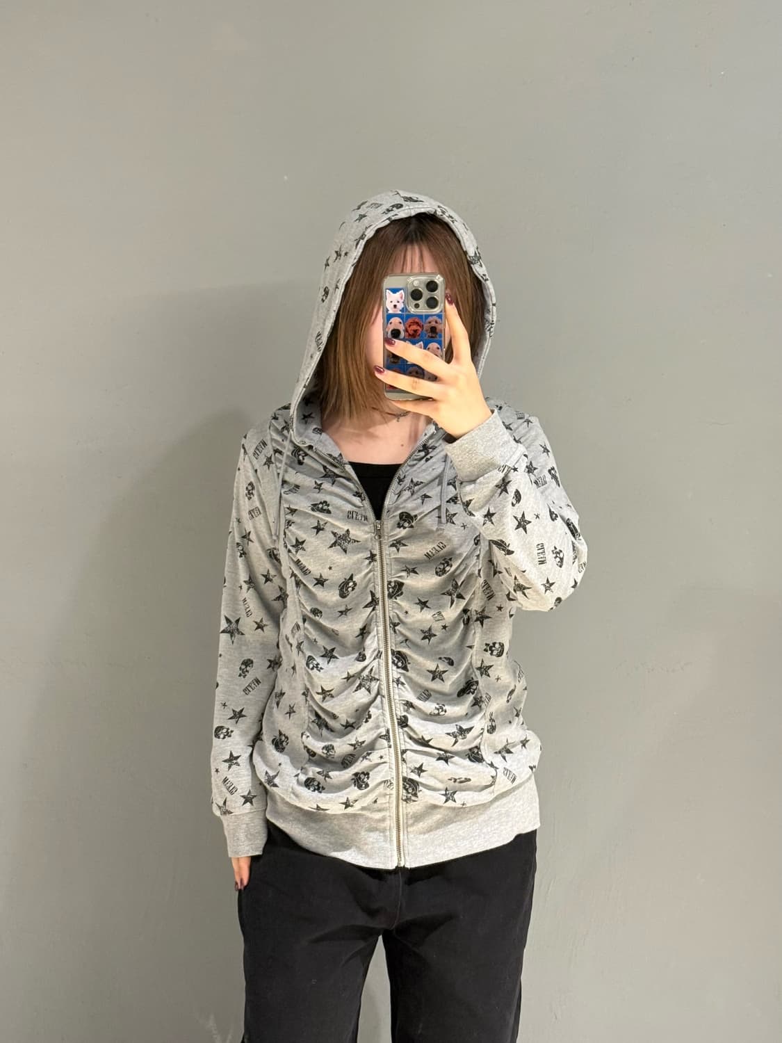 shirring detail skull hood zip-up 상품이미지2