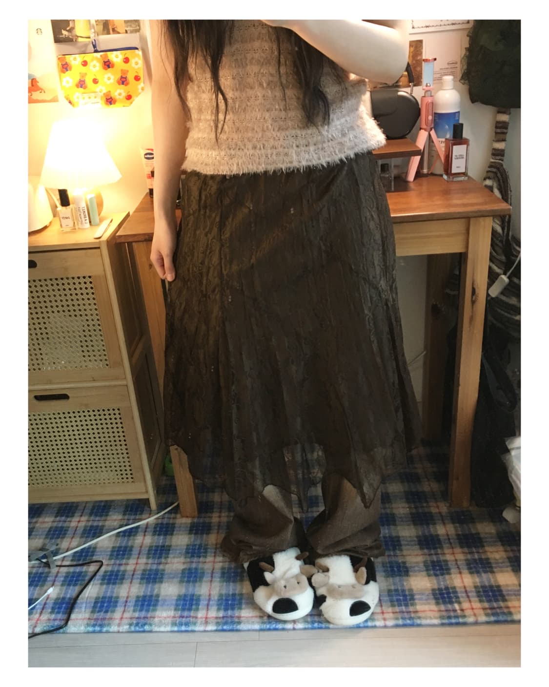VINTAGE SHIRRING LACE LONG SKIRT BROWN 상품이미지4