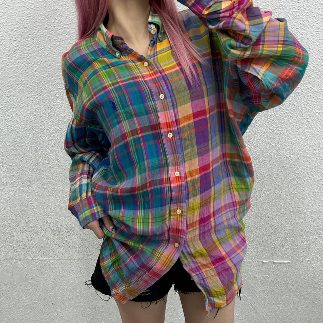 폴로 랄프로렌 네이비포니 비비드 타탄체크 린넨 셔츠 L 상품이미지1