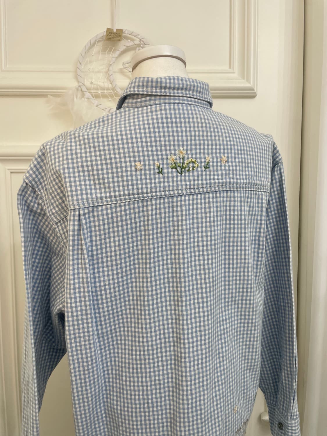 blue gingham check flower embroidery shi 상품이미지4