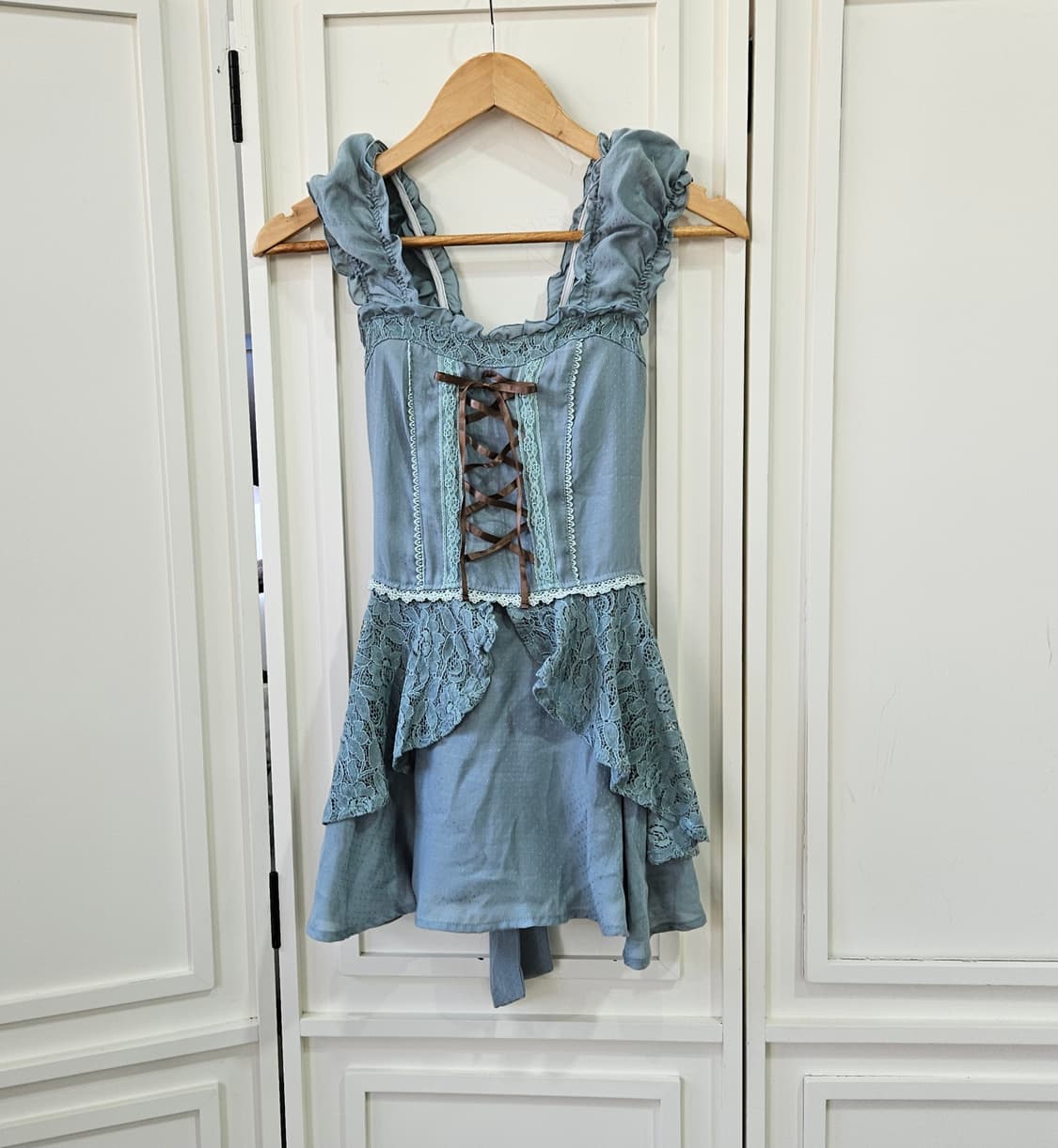 (Axes Femme) 민트블루 레이스 코르셋 리본 원피스 상품이미지1