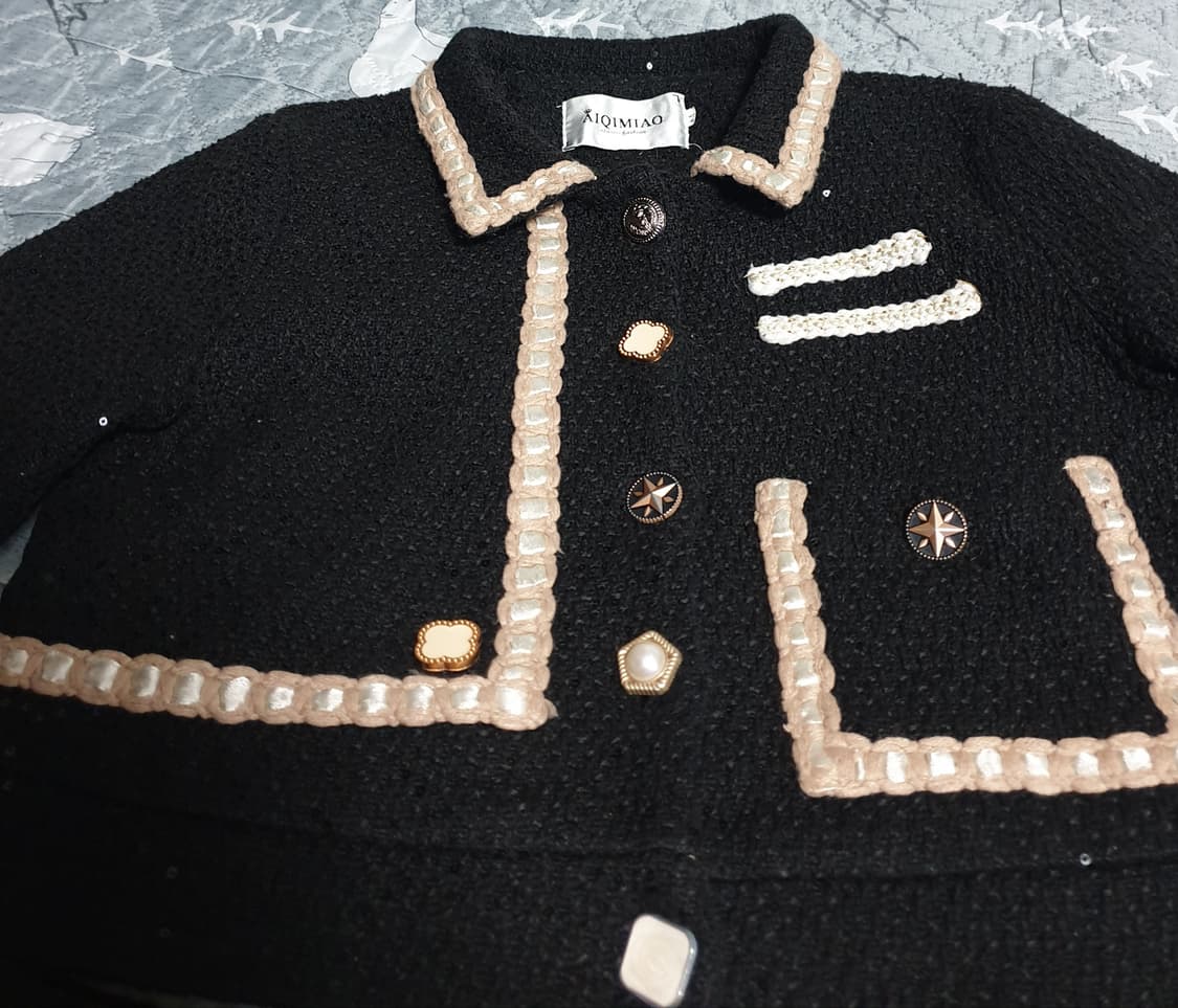 AIQIMIAO 크롭 트위드 셋업 (크롭자켓 스커트) 블랙 (F) 상품이미지2