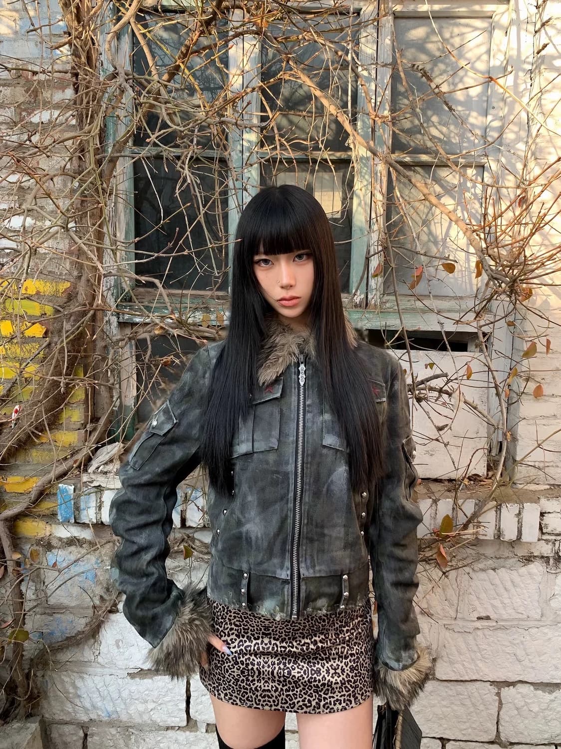 워싱 퍼 트리밍 빈티지 크롭 자켓 상품이미지2