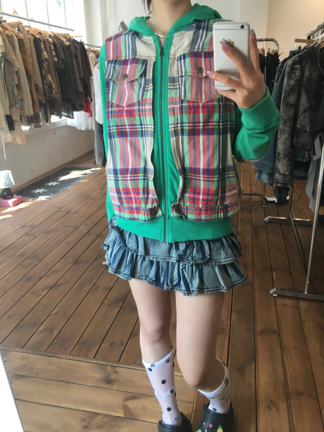 그린 체크 패치 후드집업 상품이미지4