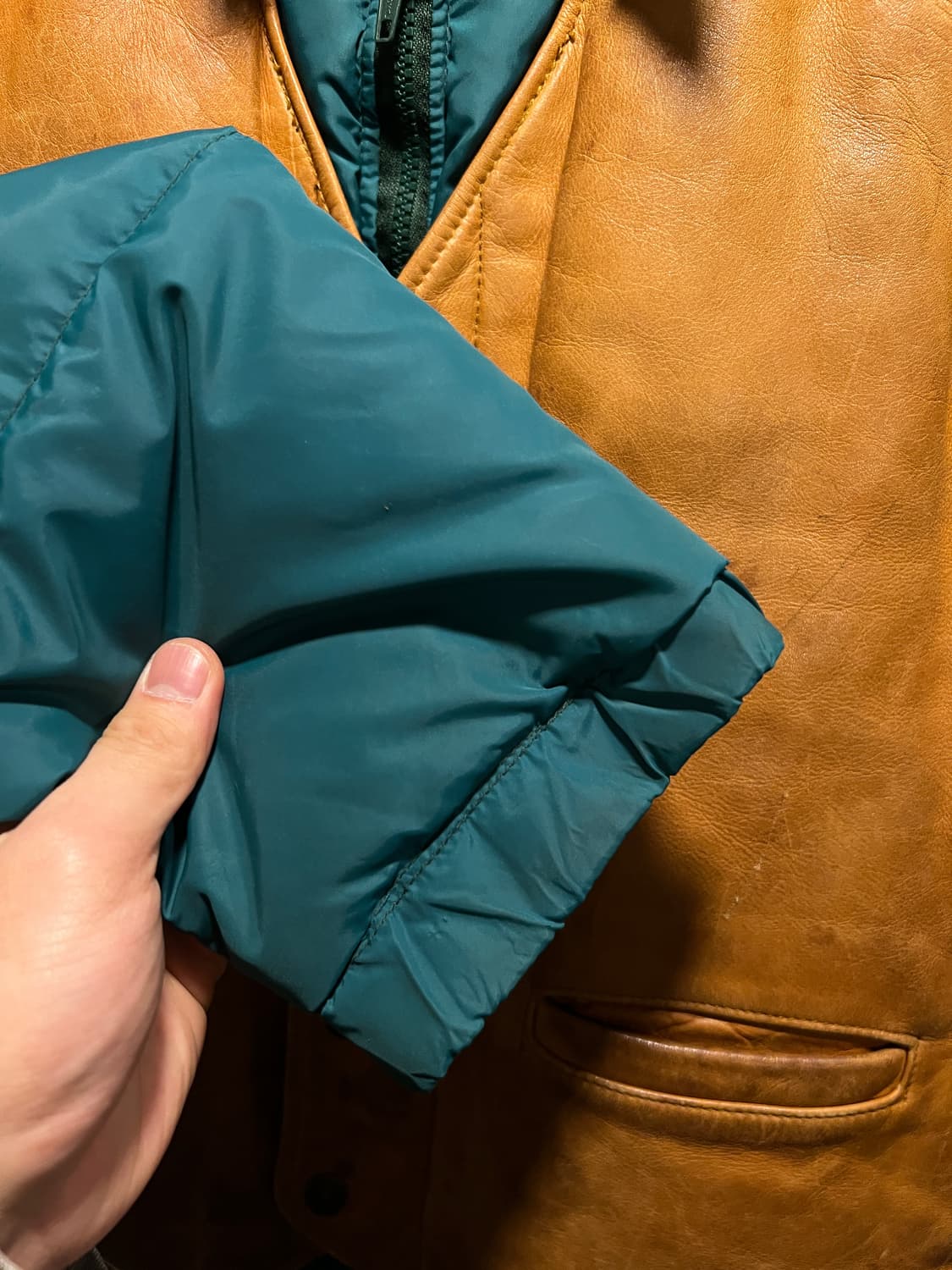 [M]90's 쇼트 USA Made 레더 베스트 분리형 그린 다운 패딩 상품이미지6