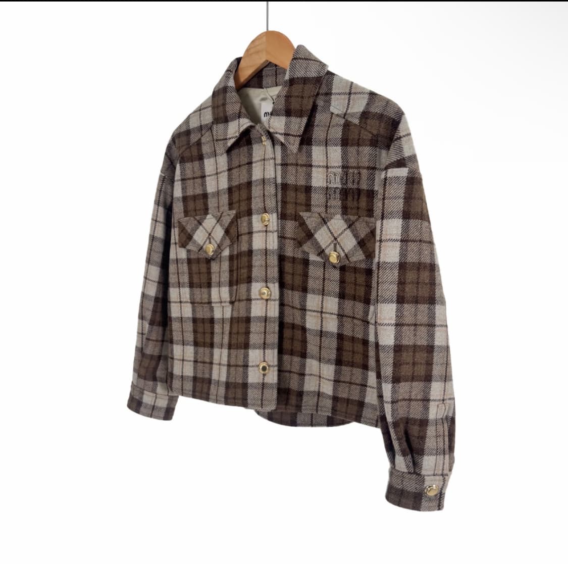 [40] 미우미우 여성 로고 체크 크롭 블루종 자켓 코코아 브라운 상품이미지2