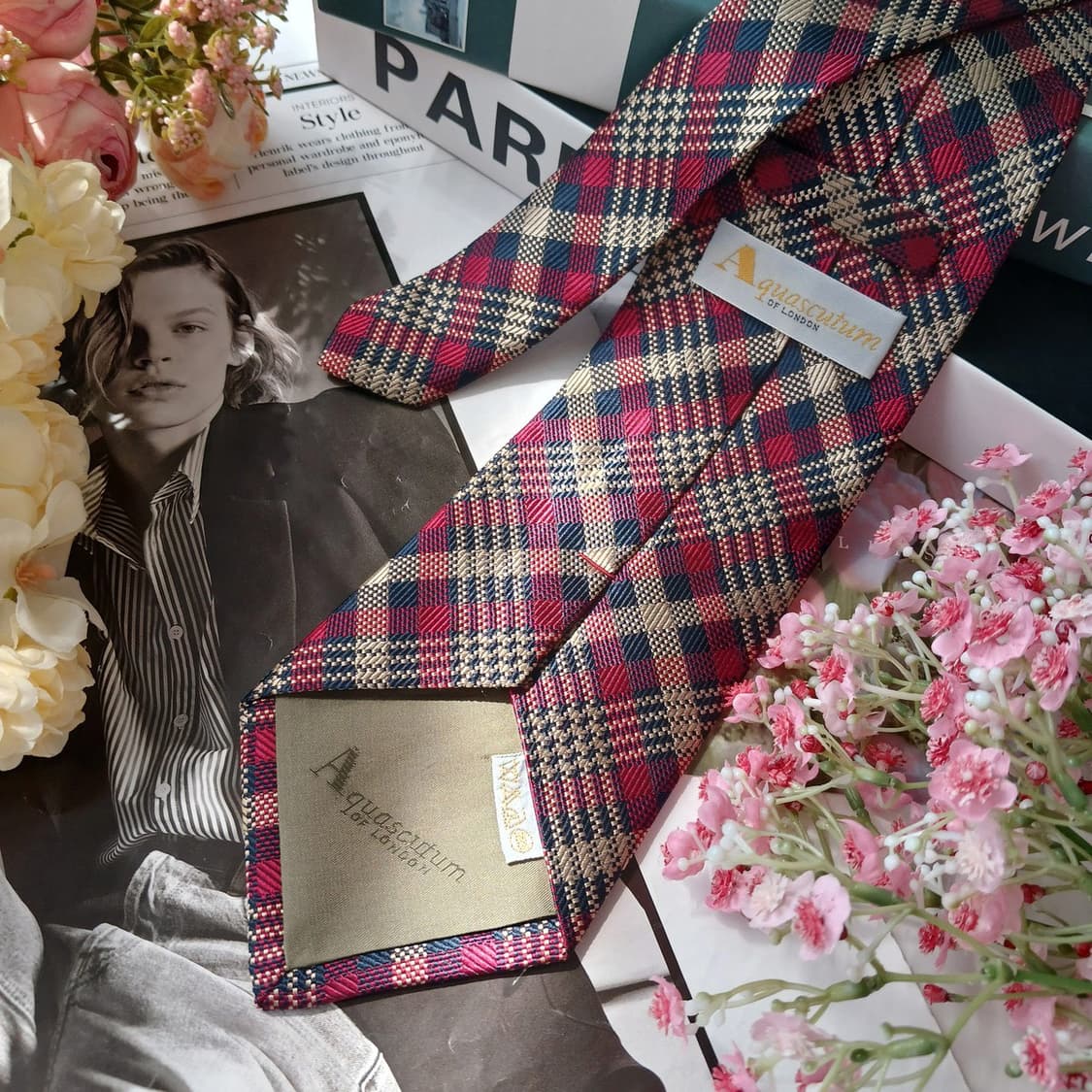 아쿠아스큐텀 실크 와인 체크 패턴 넥타이 9.5cm A+등급 E942
 상품이미지5