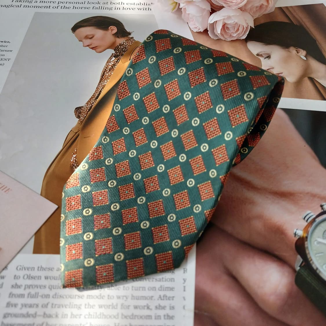 아쿠아스큐텀 실크 옐로&그린 다이아 넥타이 9.3cm A등급 A18919 상품이미지3