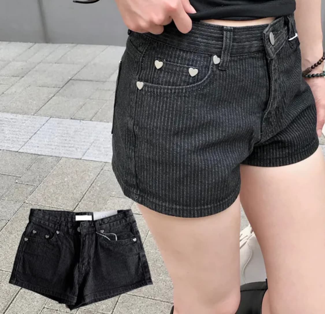 스트라이프 하트 포인트 숏 데님 핫팬츠 상품이미지1