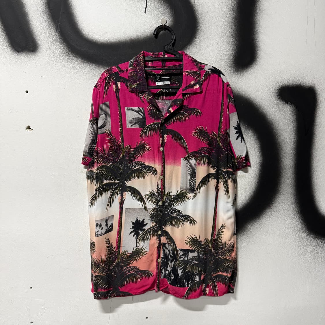VTG 빈티지 핑크 야자수 풀 패턴 폴리 하와이안 반팔 셔츠 상품이미지1