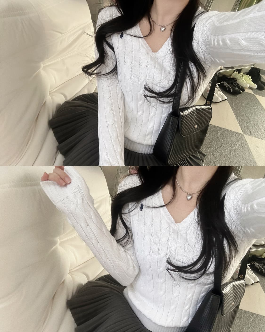 폴로 랄프로렌 화이트 V넥 케이블 니트  상품이미지1