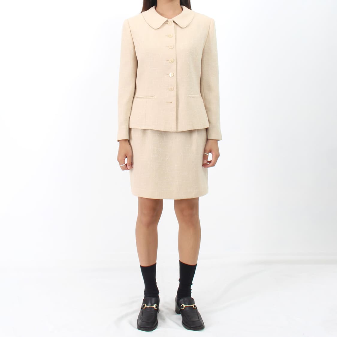 일본 빈티지 아이보리 트위드 자켓 스커트 셋업 세트 상품이미지1