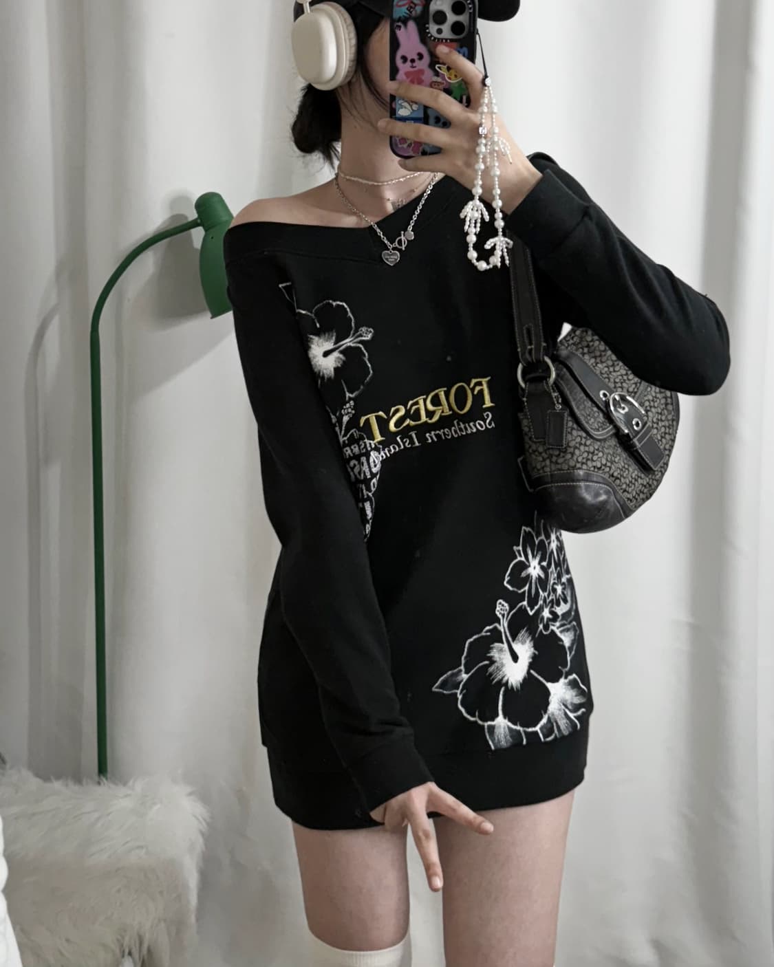 블랙 키치 레터링 오프숄더 맨투맨 원피스 상품이미지2