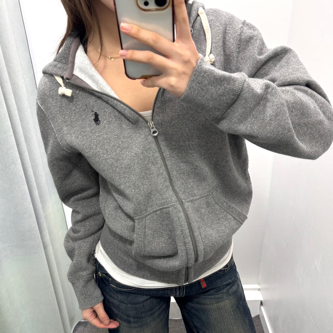 폴로 멜란지그레이 기모 후드집업 상품이미지2