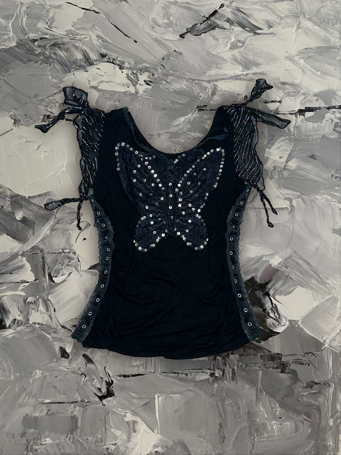 Y2k깔 나비 스팽글 블랙 민소매 탑 상품이미지1