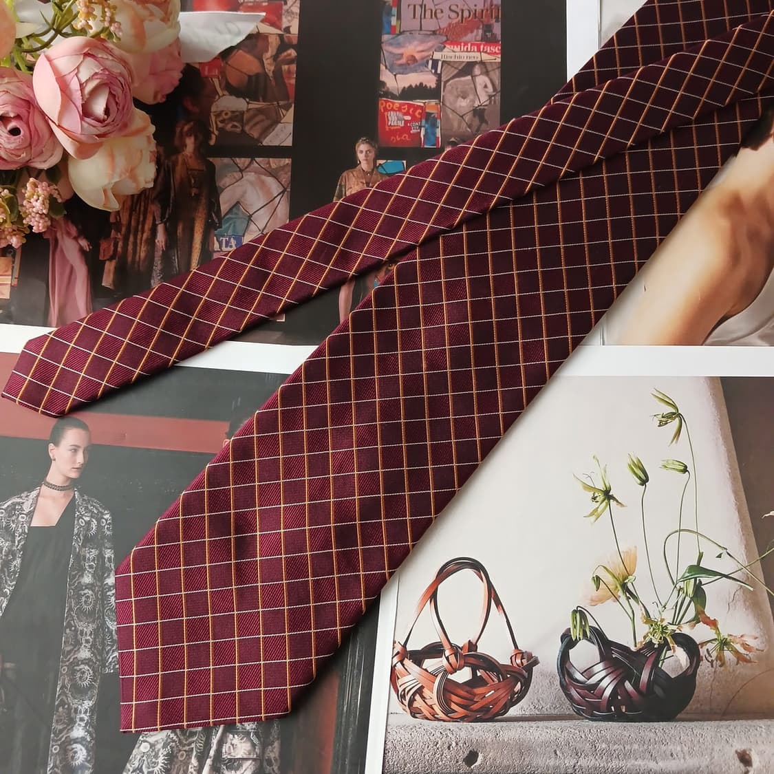 아쿠아스큐텀 실크 버건디 체크 패턴 넥타이 9.3cm A등급 A19742 상품이미지4