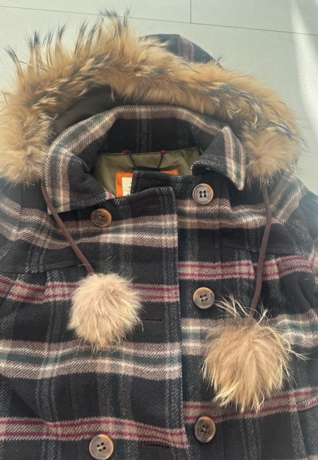 WHO.A.U 체크 모피 후드 코트 S 상품이미지3