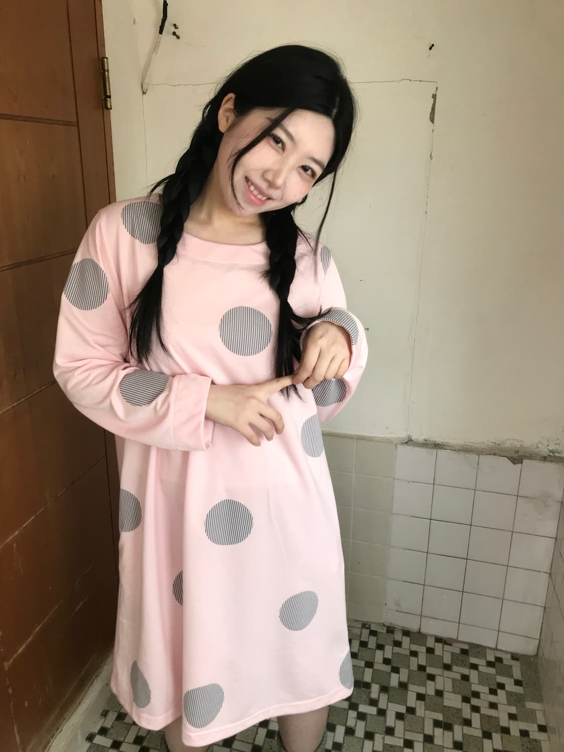 vintage stripe dot babypink dress 상품이미지3