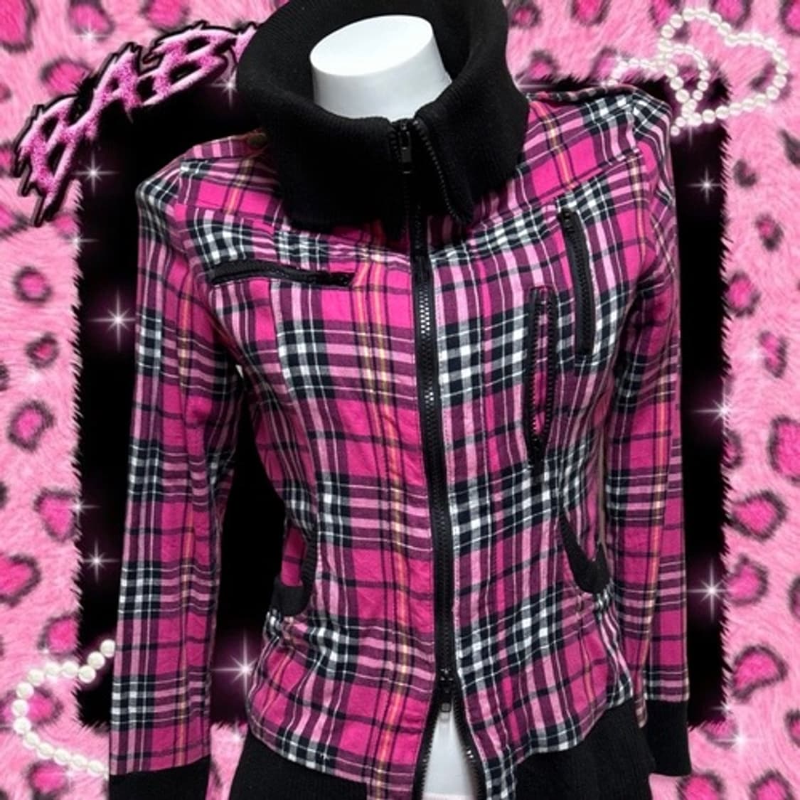 Tralala 핑크 체크 하이넥 투웨이 지퍼 집업 점퍼 캐캐체 상품이미지4