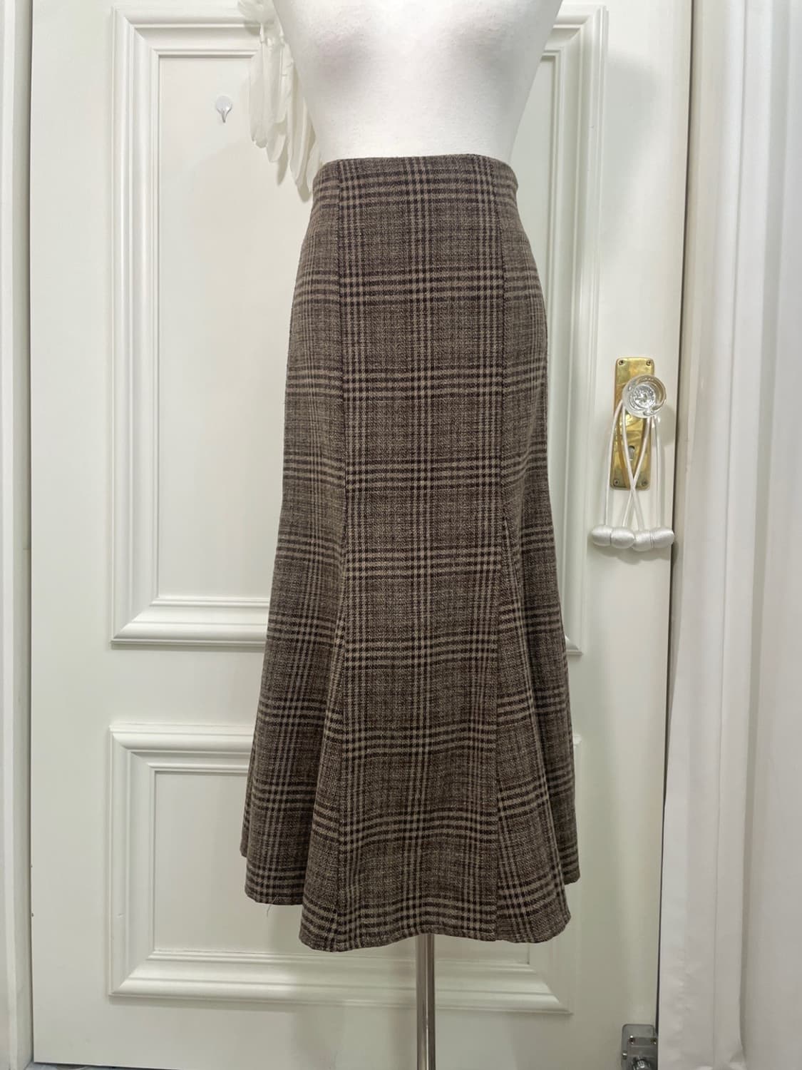 brown wool check flare long skirt 상품이미지5