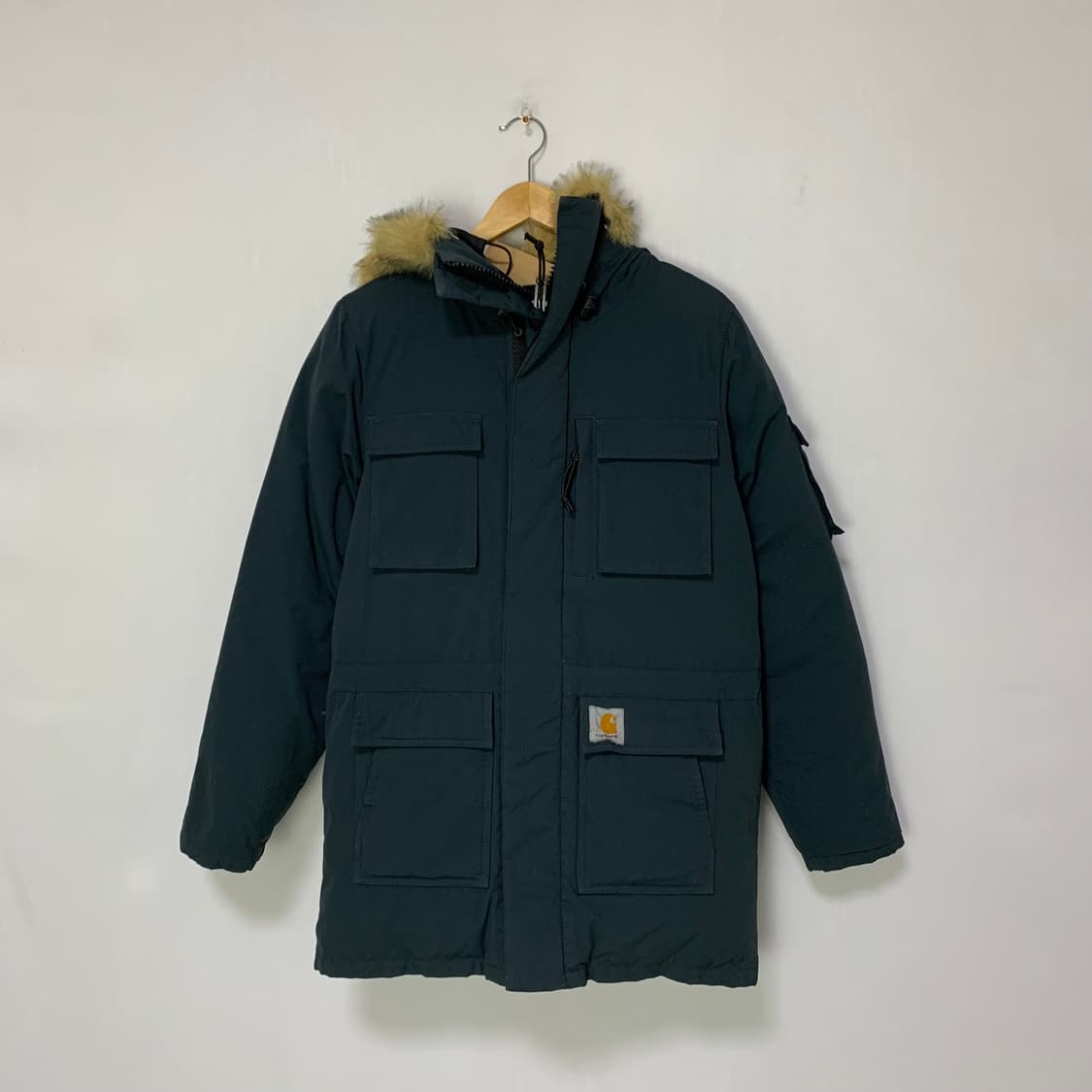 칼하트 빈티지 퍼 후드 야상 패딩 블루그린 남성 XS 남녀공용 상품이미지1