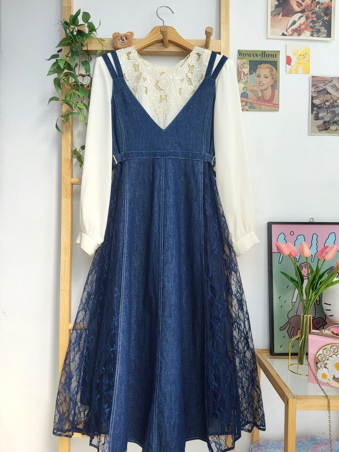 레이스 데님 멜빵 롱스커트 상품이미지1