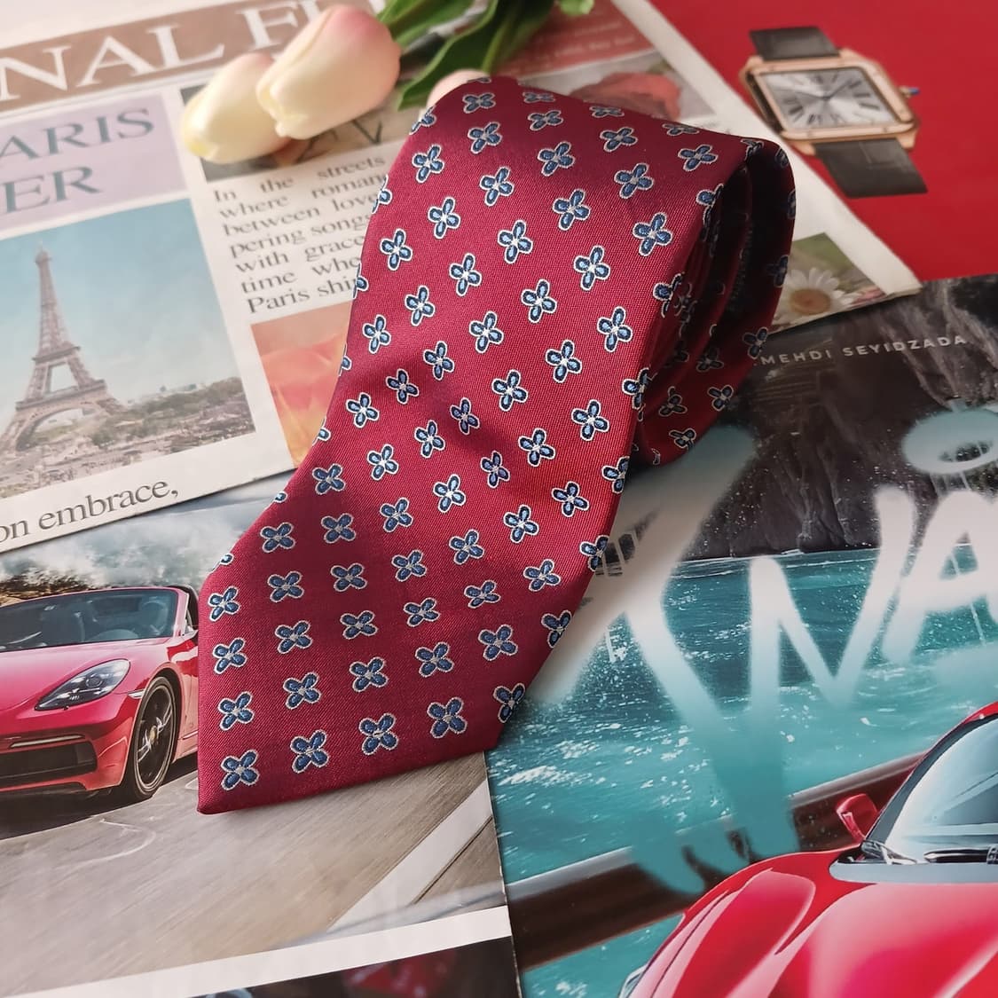 크라바타 자그레브 실크 레드 플라워 넥타이 7.6cm A등급 A19101 상품이미지1