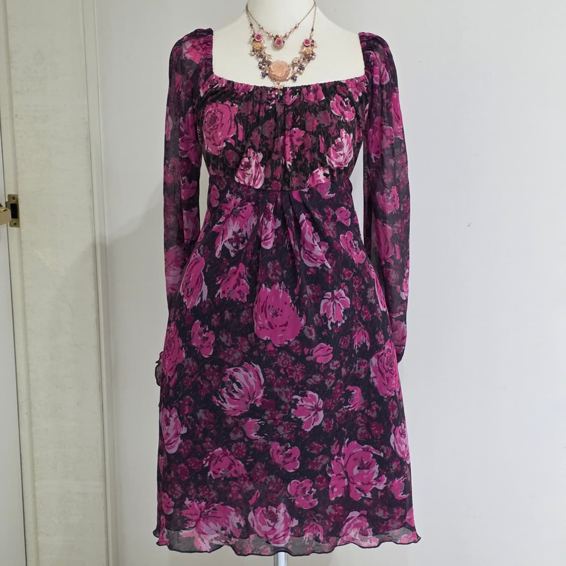 베네통 빈티지 보헤미안 플로럴 스모크밴딩 로맨틱 셔링원피스 상품이미지2