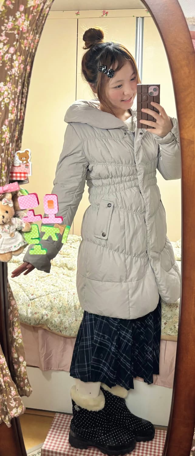 오프숄더 리본 니트 + 체크 스커트 러블리 패딩 세트 상품이미지4