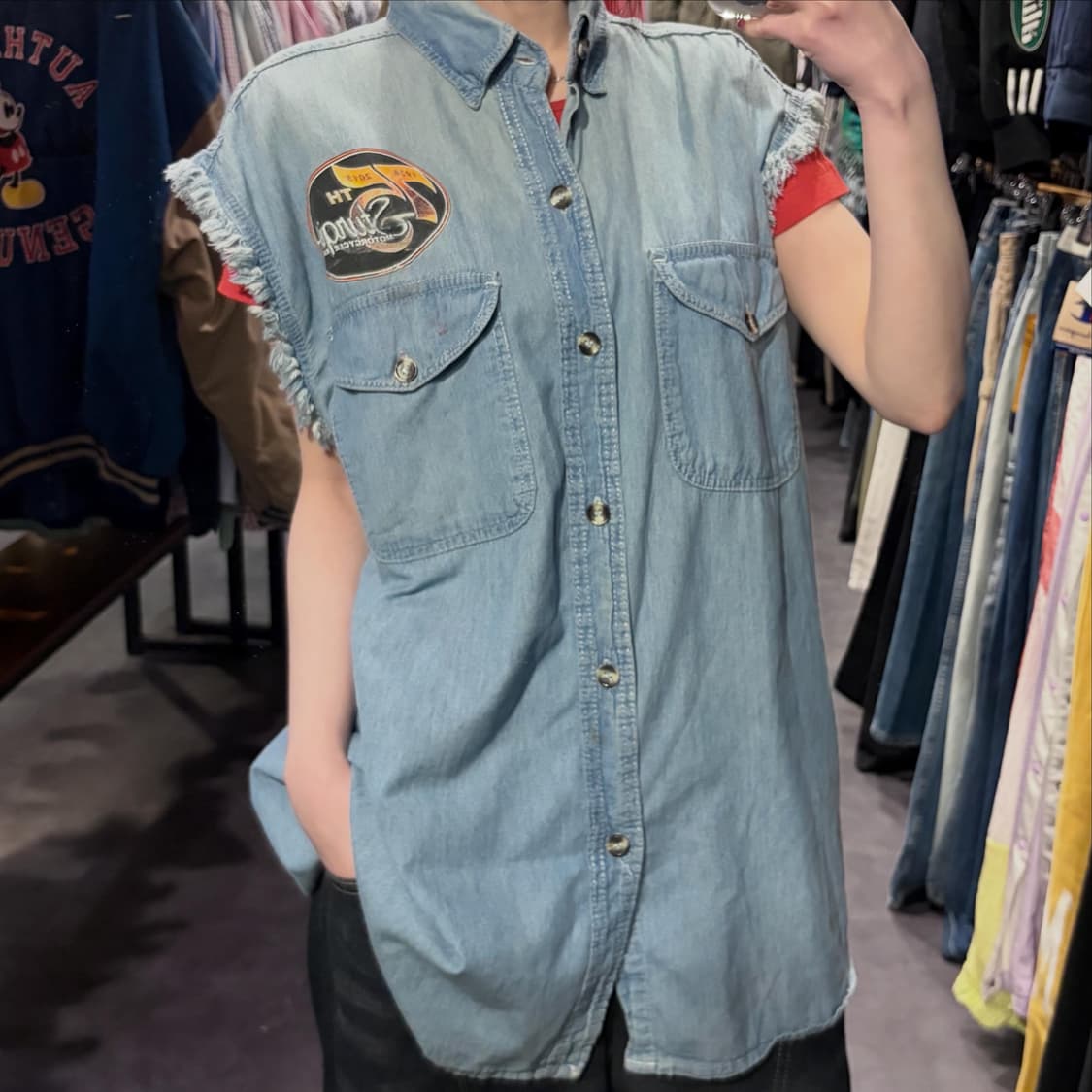 [IM] vtg 이글 프린팅 컷오프 데님 셔츠 베스트 연청 상품이미지1