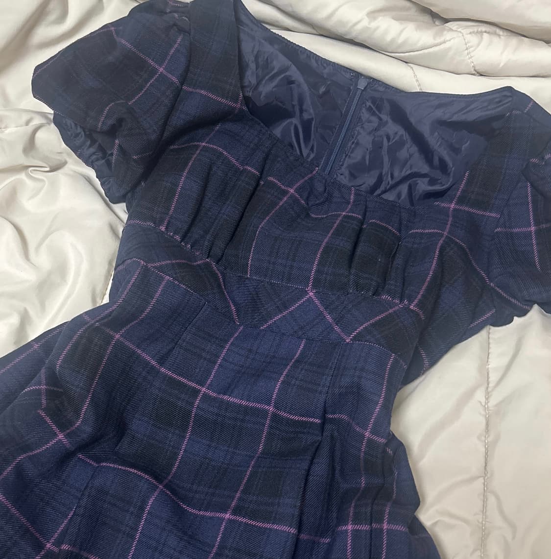 빈티지 체크 퍼프 원피스 네이비 상품이미지2