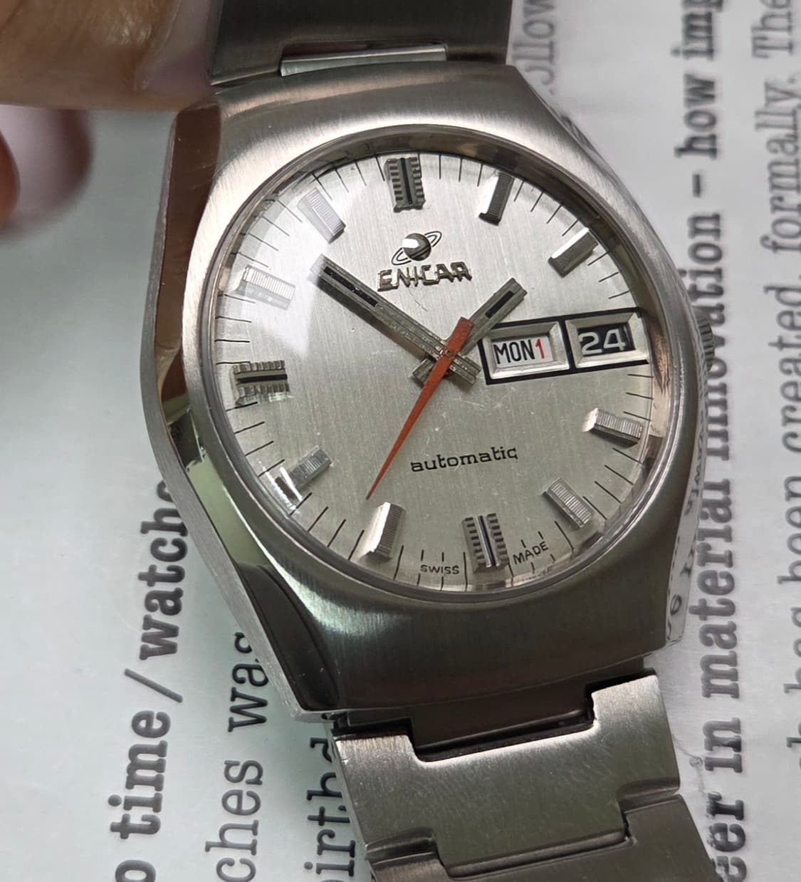 레어] 빈티지 애니카(Enicar) 데이데이트 실버판 오렌지초침 오토매틱 상품이미지2