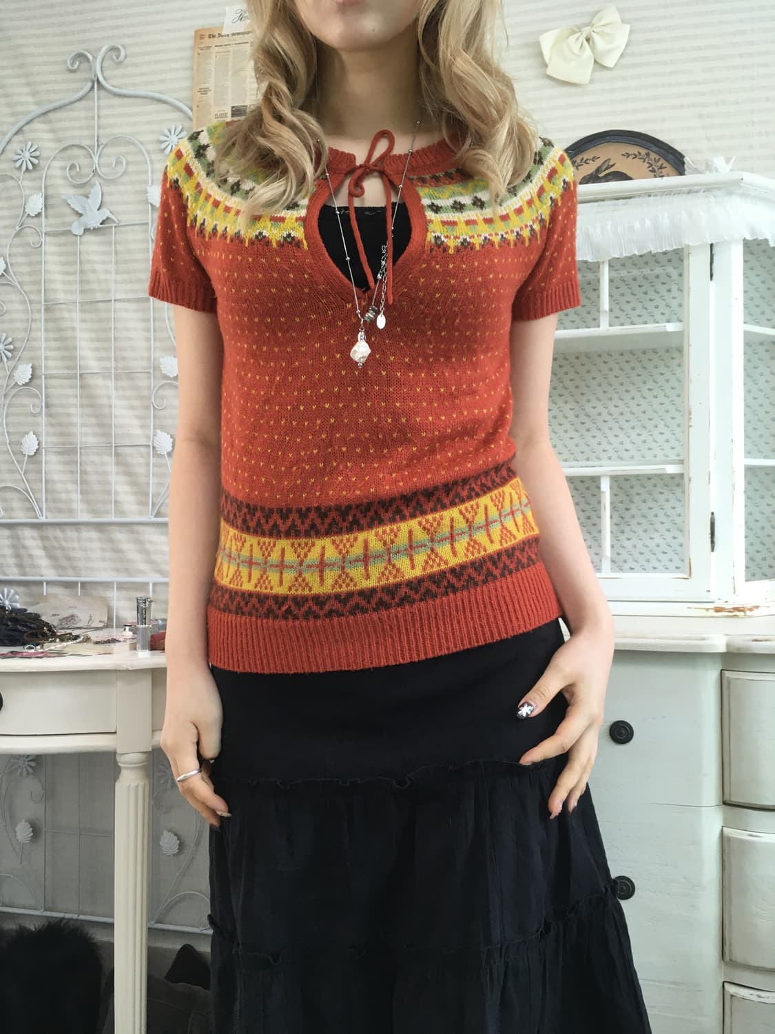 일본빈티지 오렌지 노르딕 하프 컷아웃 니트 상품이미지3