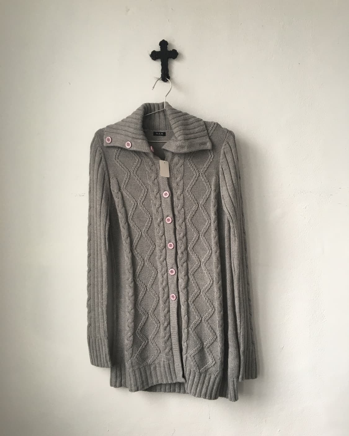 Cable pattern high neck long knit cardig 상품이미지2