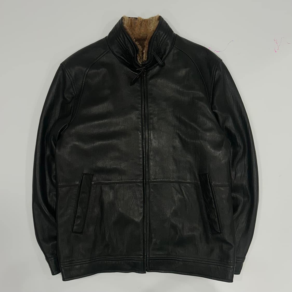 Vintage 안감 퍼 버클넥 레더 자켓 상품이미지3