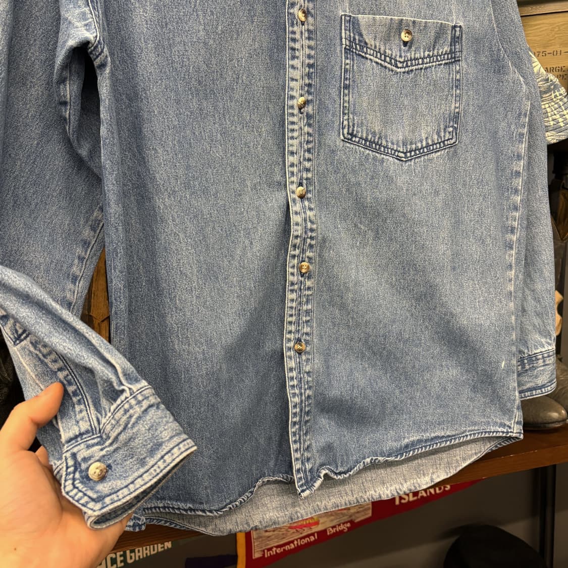 90s 할리데이비슨 백프린팅 이글스 버튼다운 데님셔츠 패치포켓 N719 상품이미지4