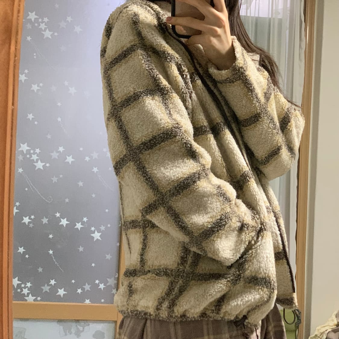 일본 빈티지 모리걸 브라운 체크 후리스 플리스 점퍼 모카무스 상품이미지3
