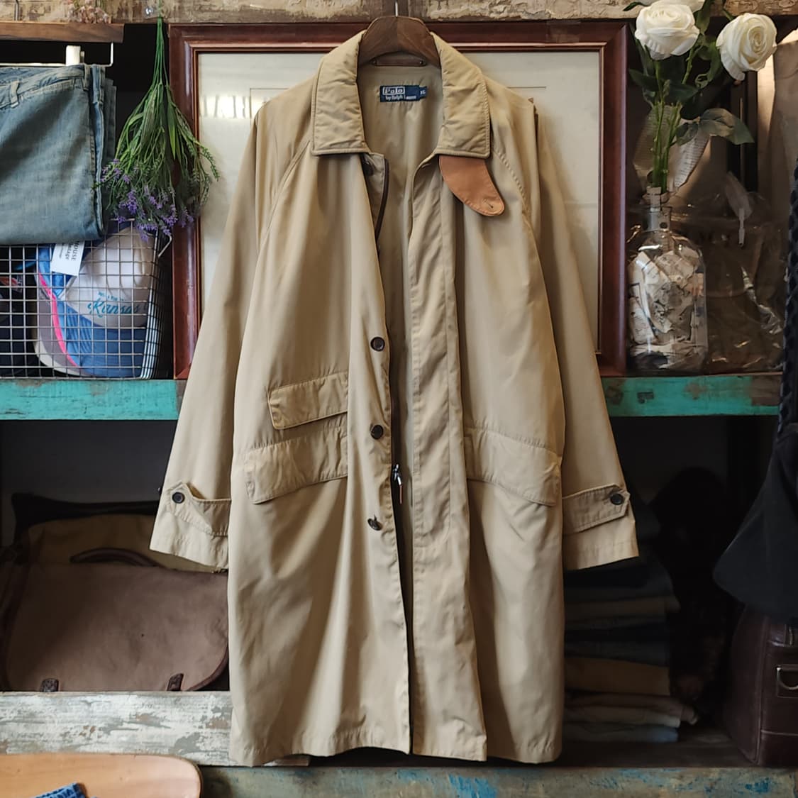 폴로 트렌치코트 베이지 레더 트림 싱글 트렌치 xl 상품이미지1