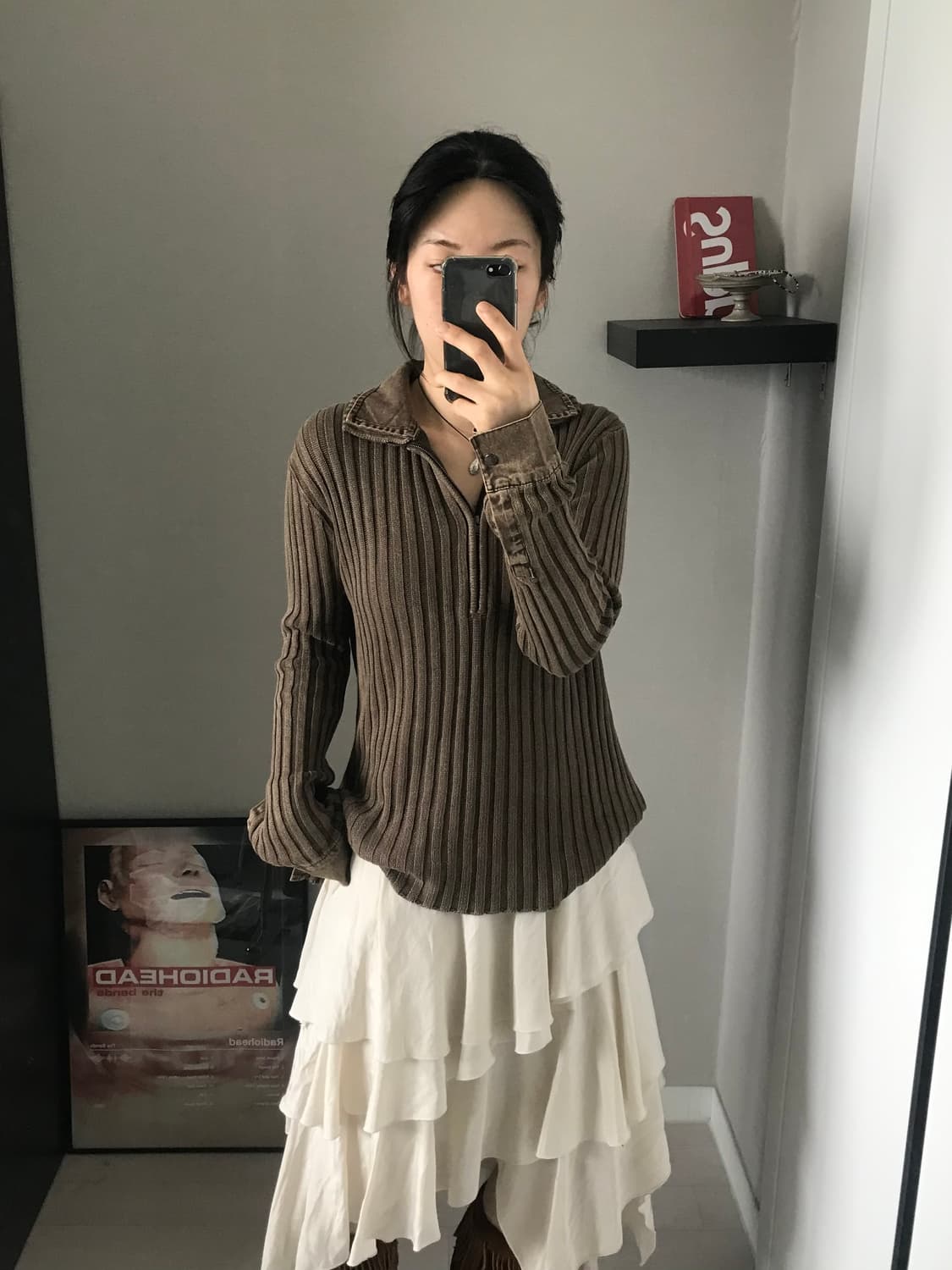 JPN 카라 골지 브라운 니트 반집업 상품이미지4