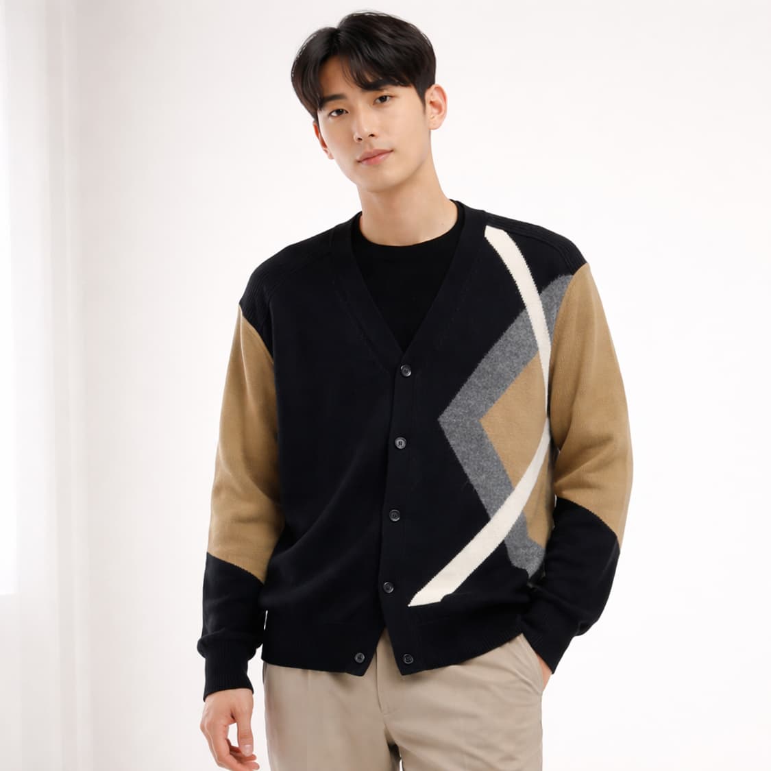 시스템 배색 울 캐시미어 가디건 세미루즈핏 상품이미지1